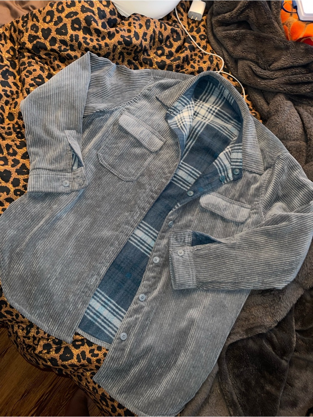 Corduroy Button-Up Reversible Shirt Jacket in blue